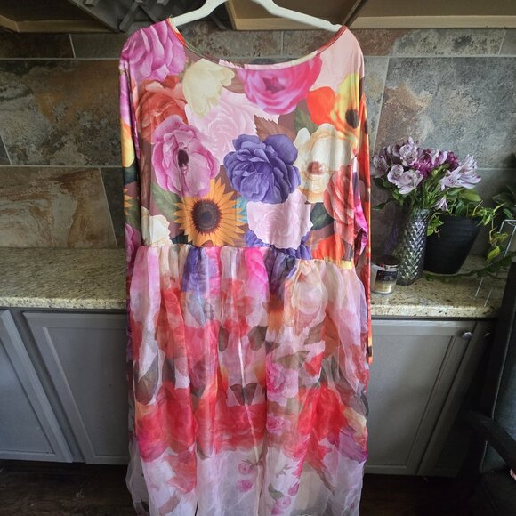 Floral Long Sleeve Organza Overlay Party Dress – Size 3XL - Picture 1 of 2